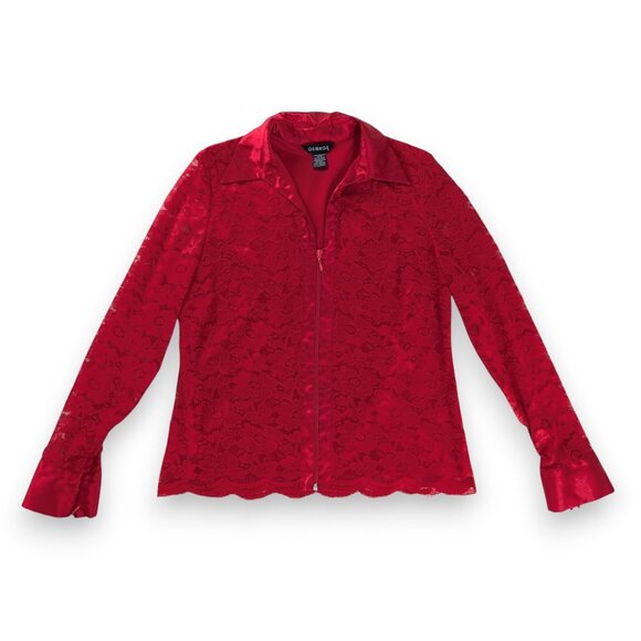 VTG Red Lace Sheer Sleeve Zip Up Collared Jacket Satin Sleeves Sweater Top 90s - Picture 7 of 7